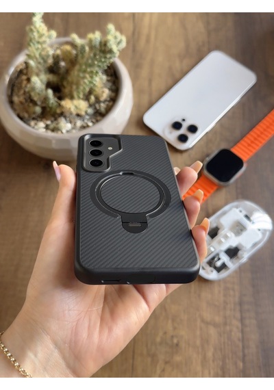 Samsung Galaxy S24 Uyumlu Karbon Desenli Standlı Ve Magsafe Uyumlu Kılıf Soocase700 Siyah