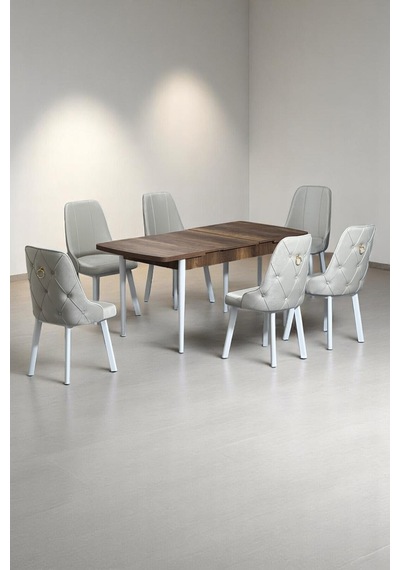Minel Açılabilen Metal Ayak MDF Mutfak Masası Takımı 6 Krem Sandalye 80 x 132