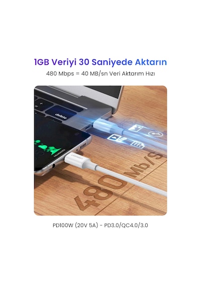Ugreen Usb-c 100w 5a Qc Pd Hızlı Şarj Kablosu, 2 M, Beyaz, 60552