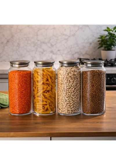 Porsima 4401 Bormio Metal Kapaklı 4lü Cam Kavanoz Seti Vakum Kapaklı Saklama Düzenleme Kabı Seti 1400ml Şeffaf