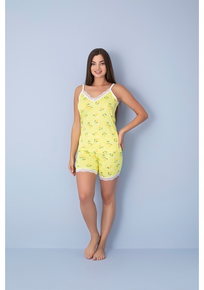Pıove Kadın Limon Desenli Askılı Şortlu Pijama Takımı Dantel Detaylı Rahat Ev Giyim Seti sari Pıove Kadın Limon Desenli Askılı Şortlu Pijama Takımı Dantel Detaylı Rahat Ev Giyim Seti sari