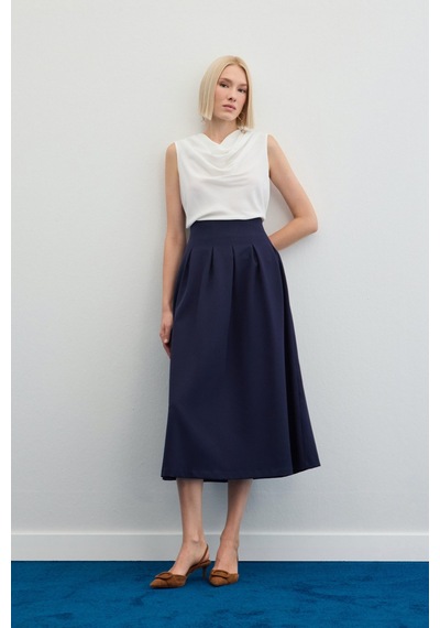 Sateen Pileli Midi Etek - Lacivert-136480 Lacivert
