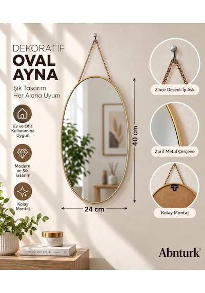 Tr 40x24cm Dekoratif Oval Duvar Aynası-metal Çerçeveli Salon Mutfak Antre Banyo Aynası Diğer