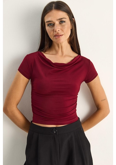Shade Kadın Degaje Yaka Drapeli Crop Bluz 2343 60286200 - Bordo