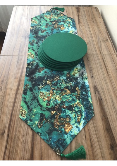 Yeşil Gold Malakit Desenli Runner & Supla Çok Renkli