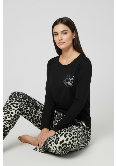 Üstü Yazılı Altı Leopar Desenli Elite Viscose Pijama Takımı Uzun Siyah 3551 Kahverengi