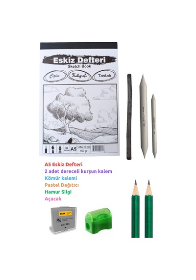 Eskiz Seti, Eskiz Başlangıç Seti, Defter, Kömür Kalemi, Pastel Dağıtıcı, Hamur Silgi..
