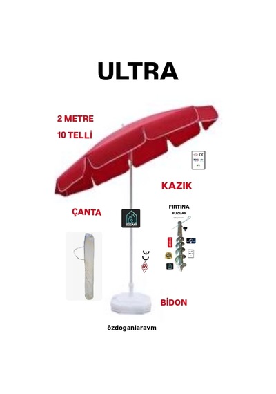 Outdoor 200 Cm Plaj Bahçe Balkon Kamp Kırmızı Şemsiye, Taşıma Çantası, Kazık Ve Bidon Seti Diğer