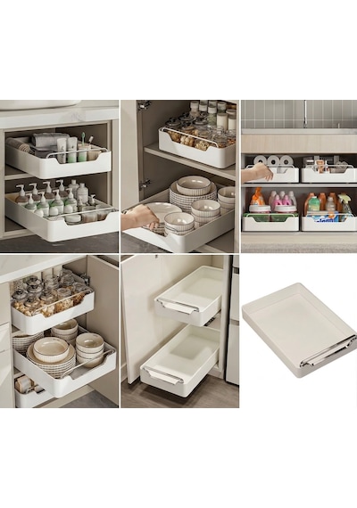 Çok Amaçlı Raylı Dolap İçi Çekmece Organizer Sürgülü Mutfak Banyo Kiler Düzenleyici Organizer 1 Adet Beyaz