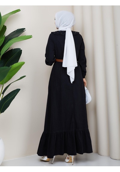 Hb Harma Time Butik Kadın Taş Detaylı Fermuarlı Kemerli Tesettür Kot Siyah Elbise Hb Harma Time Butik Kadın Taş Detaylı Fermuarlı Kemerli Tesettür Kot Siyah Elbise