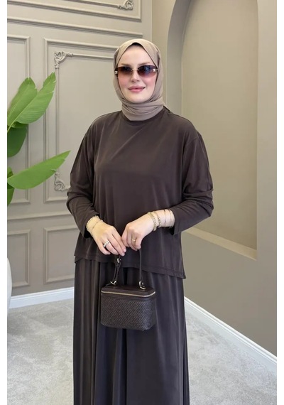 Balenbi Kadın Modal Kumaş Rahat Kalıp Lastikli Bel Etekli Tesettür Takım 1221 - Premium Seri Kahverengi Balenbi Kadın Modal Kumaş Rahat Kalıp Lastikli Bel Etekli Tesettür Takım 1221 - Premium Seri Kahverengi