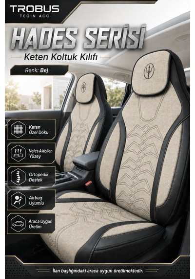 Tesla Model 3 2017 Ve Sonrası Uyumlu Hades Serisi Keten Koltuk Kılıfı Bej Siyah