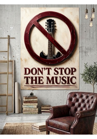 Gitar Yasak İşaretli Müzik Protestosu Dekoratif Kanvas - Mdf Ahşap Tablo Çok Renkli