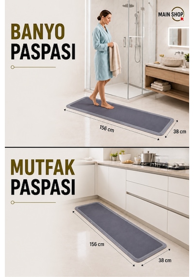 Mainshop 2 Adet Sihirli Su Emici Mutfak Paspası Banyo Paspası Kaymaz Tabanlı 156x38 Cm Yazısız M-61 Gri