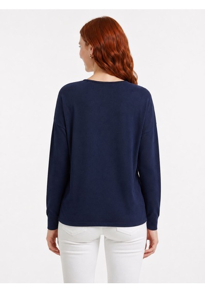Neden Tekstil Kadın Lacivert Relaxed Fit Triko Detaylı Uzun Kollu Bluz
