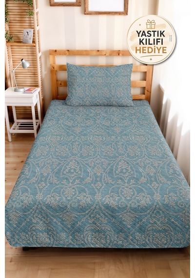 Mavi Damask Klasik Tek Kişilik Pike Takımı - Bej Avangart Motifli 160x220 Cm Mevsimlik Yatak Örtüsü Mat Vadi Dönüşü