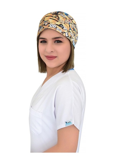 Unisex Minyonlar Desenli Hemşire Doktor Hastane Aşçı Cerrahi Bonesi Beyaz Beyaz