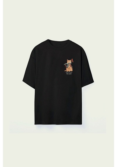 Thewert Unisex Samuray Cat Baskılı Siyah Oversize Tshirt