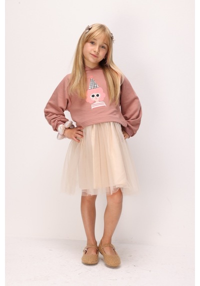 Le Mabelle Pudra Baskılı Kız Çocuk Kapüşonlu Sweatshirt Ve Elbise Takım - Fawn Pembe