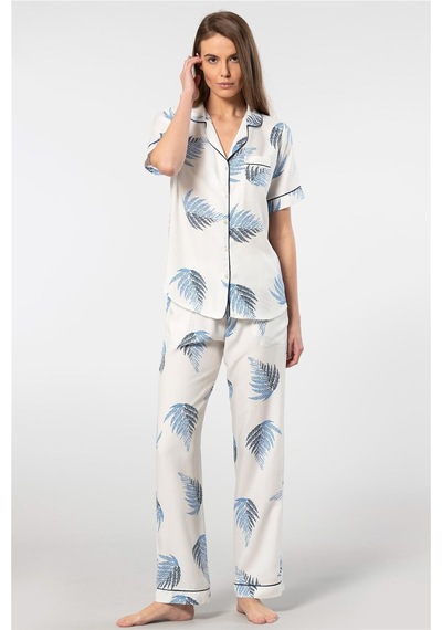 Türen 3604 Kadın Kısa Kollu Dokuma Gömlek Pijama Takım-ekru Ekru