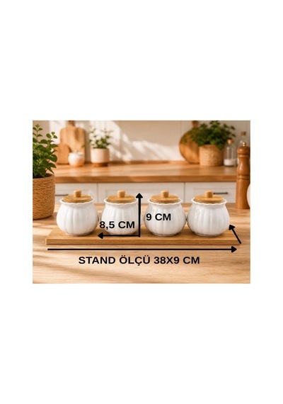 4 Lü Bambu Standlı Porselen Baharatlık Set Baharat Saklama Kavanoz Takımı Diğer