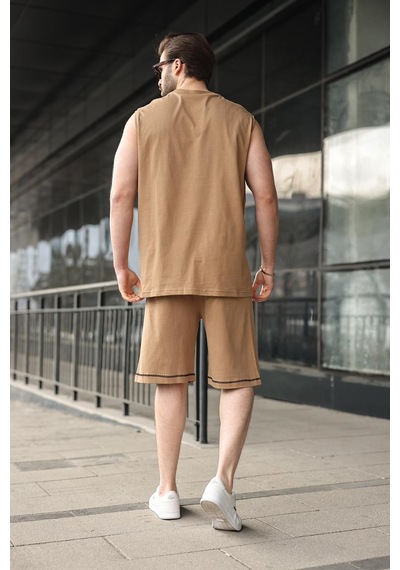 Madmext Kapuçino Bisiklet Yaka Kolsuz Erkek Şort T-shirt Takım E7351 Kapuçino