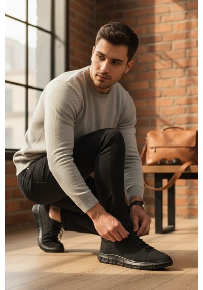 Enoch Hakiki Deri Esnek Segment Tabanlı Erkek Sneaker Ortopedik Taban Siyah