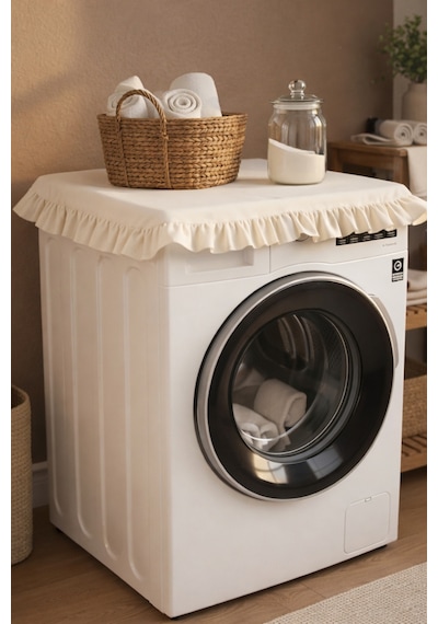 Vintage Fırfırlı Çamaşır Makinesi Örtüsü - Çeyizlik Pamuklu Dekoratif Banyo Makine Kılıfı Bej