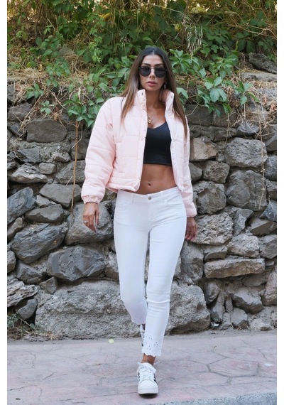 Keyifli Moda Kadın Pudra Dik Yaka Çıtçıtlı Fermuarlı Kısa Şişme Mont - 40 Pudra