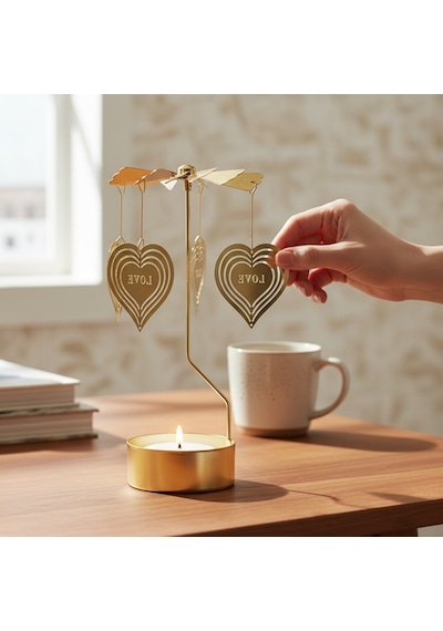Dönen Işıklı Kalpli Metal Tealight Mumluk Love Tasarımlı Dekoratif Rüzgar Gülü Gold