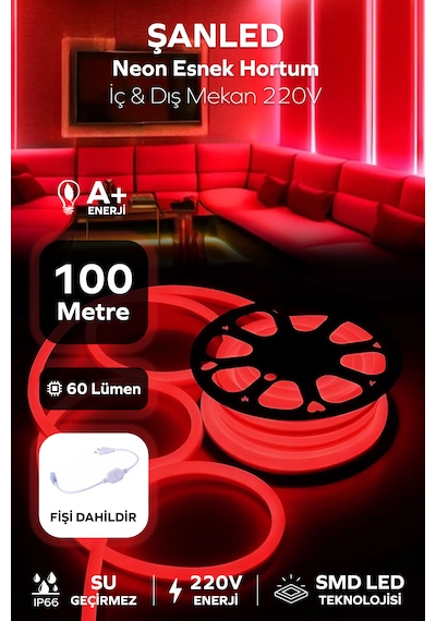 Neon Esnek Hortum Şerit Led Kırmızı Rengi 220v Fiş/1,2,3,4,5,10,15,20,25,30,50,100 Metre