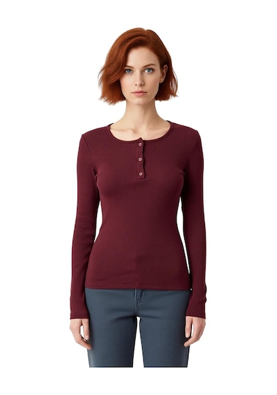 Ersefa Stil Kadın Çıtçıtlı Fitted Vücuda Oturan Fitilli Esnek Bluz Regul bordo