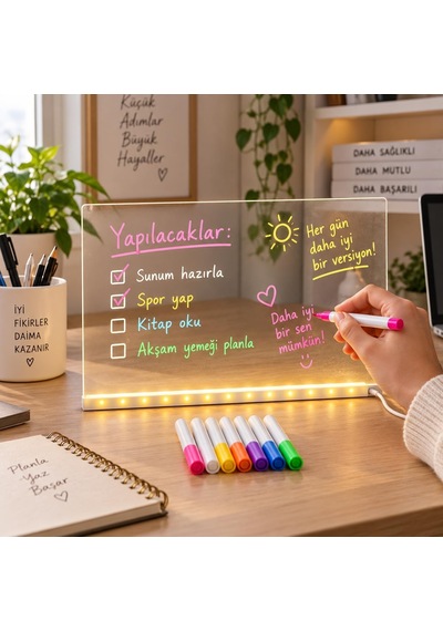 Arvale Led Işıklı Yazı Tahtası Seti Silinebilir Not Panosu Usb Li 8 Renk Kalemli Şeffaf
