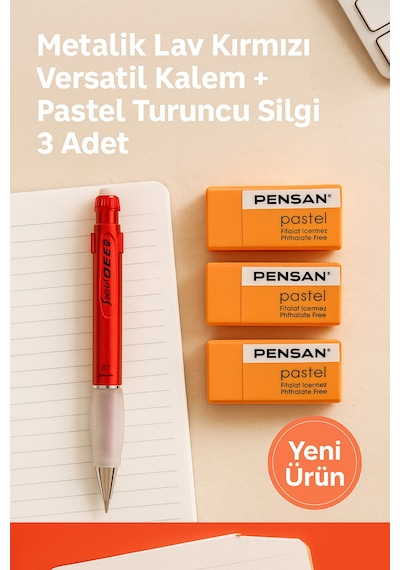 Metalik Lav Kırmızı Versatil Kalem + Pastel Turuncu Silgi 3 Adet Metalik Kırmızı