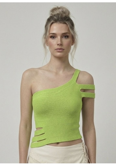 Neden Tekstil Asimetrik Tek Omuz Triko Crop Bluz - Yeşil