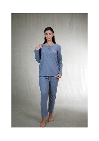 Estiva Kadın Nakış İşlemeli Patlı İnterlok Şardonlu Pijama Takımı Gri