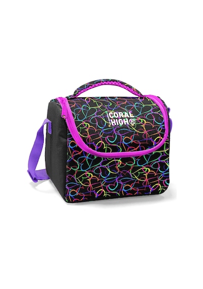 Coral High Thermo Beslenme Çantası - Kız Çocuk, Kalp Baskılı Siyah Pembe Çok Renkli