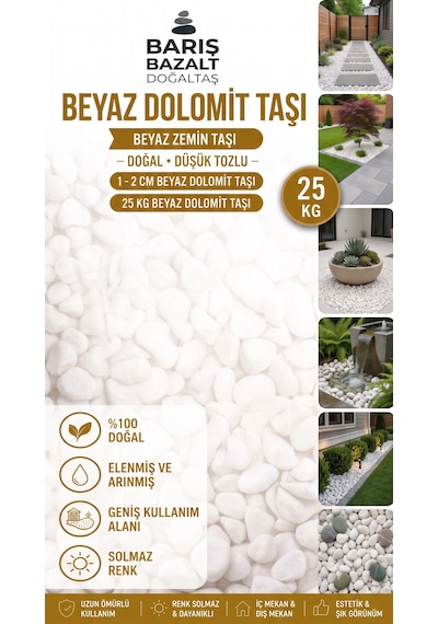 Beyaz Dolomit Taşı 1-2 Cm 25 Kg- Doğal Dekoratif Bahçe Saksı Teraryum Akvaryum Taşı