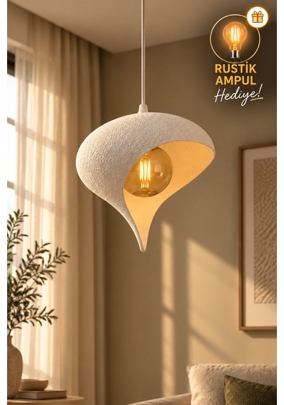 Beton Görünümlü Tekli Sarkıt Avize Asimetrik Damla Modern Bohem E27 G95 Rustik Led Ampul Hediyeli Beyaz