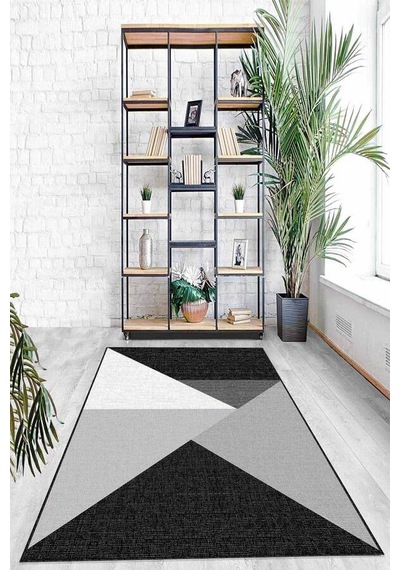 Siyah Kaymaz Tabanlı Geometrik Desenli Mutfak Halısı Ar1033n11