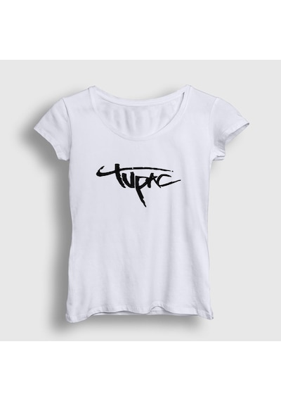 Presmono Kadın Logo Tupac Shakur T-shirt Beyaz