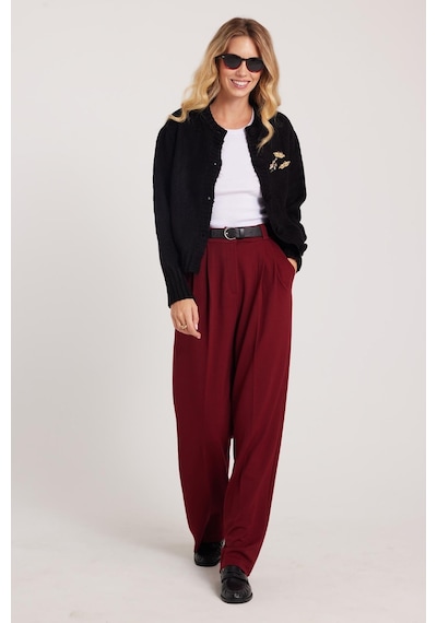 Tudors Kadın Regular Fit Klasik Kesim Yüksel Bel Geniş Paça Bordo Pantolon-39582 Bordo