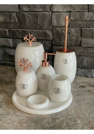Beyaz Doğal Mermer Rose Gold Mercan Aksesuarlı Oval 7,li Banyo Seti Beyaz