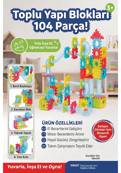 104 Parça Bilyalı Yapı Blokları Eğitici Zeka Geliştirici Labirent Oyuncak Seti 3+ Yaş