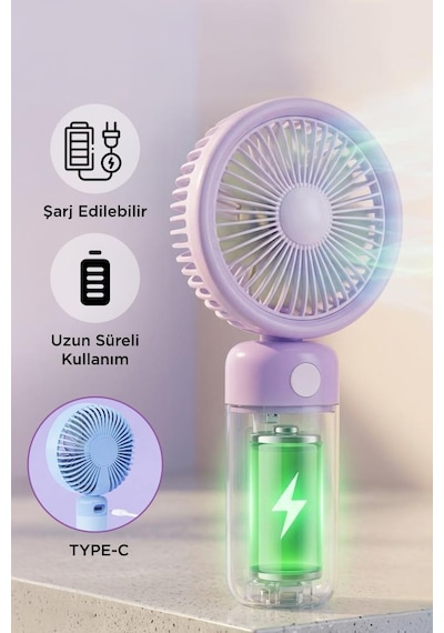 Şarjlı El Vantilatörü Masaüstü Stantlı 3 Kademeli Taşınabilir Mini Fan F56 Mor