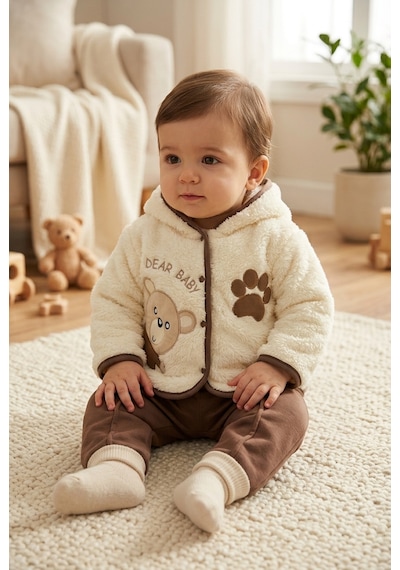 Ahengim Ayıcık Detaylı Kapüşonlu Peluş Hırkalı Bebek Alt Üst Takım 2 Parça Ak324905 Kahverengi