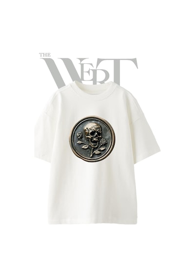 Thewert Kuru Kafa Gul Tasarım Baskılı Ünisex Beyaz Oversize T-shirt