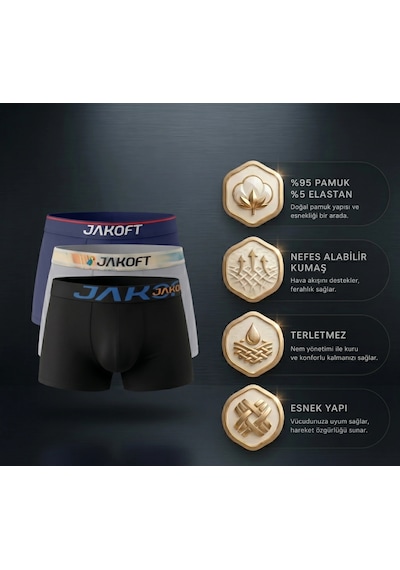 Jakoft Classic Pamuklu Erkek Boxer 3'lü Paket Siyah - Gri - Lacivert