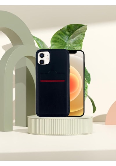 Apple Uyumlu iPhone Hakiki Deri Dikişli Karlıklı Kılıf 11 Siyah