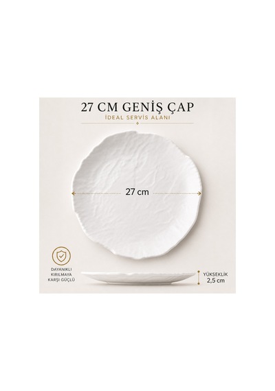 Premium Dokulu Beyaz Termo Melamin Servis Tabağı,27 Cm,kırılmaz Hafif Tabak,modern Sunum Tabağı Beyaz
